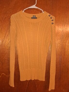 Preswick & Moore Mustard Cable-Knit Crewneck Sweater with Shoulder Buttons